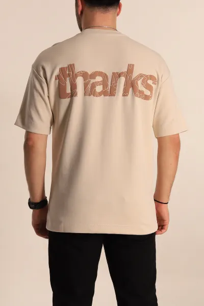 Krem Oversize İki İp Sırt Kabartma Yazı Detaylı Erkek Tişört 266874
