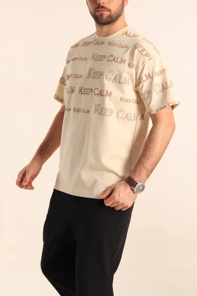 Krem Oversize İki İp Yazı Detay Erkek Tişört 247568