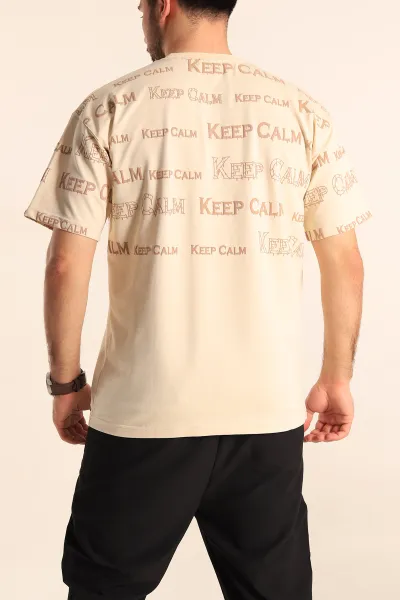 Krem Oversize İki İp Yazı Detay Erkek Tişört 247568