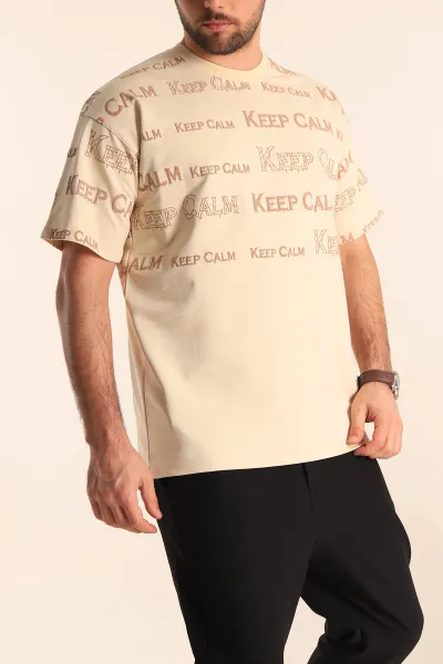 Krem Oversize İki İp Yazı Detay Erkek Tişört 247568