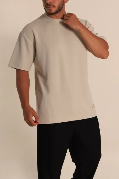 Krem Oversize Jakarlı Basic Erkek Tişört 285794