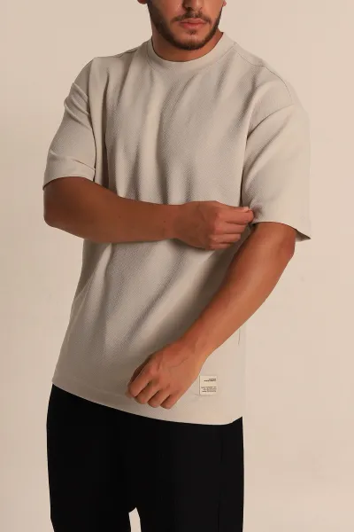 Krem Oversize Jakarlı Basic Erkek Tişört 285794
