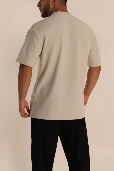 Krem Oversize Jakarlı Basic Erkek Tişört 285794