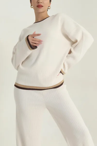 Krem Oversize Likralı Triko Kadın İkili Takım 401781