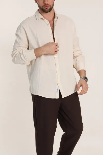 Krem Oversize Müslin Keten Uzun Kollu Erkek Gömlek 347735