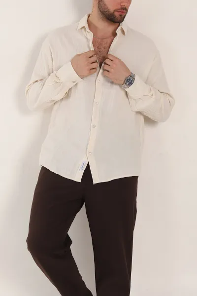 krem-oversize-muslin-keten-uzun-kollu-erkek-gomlek-347735