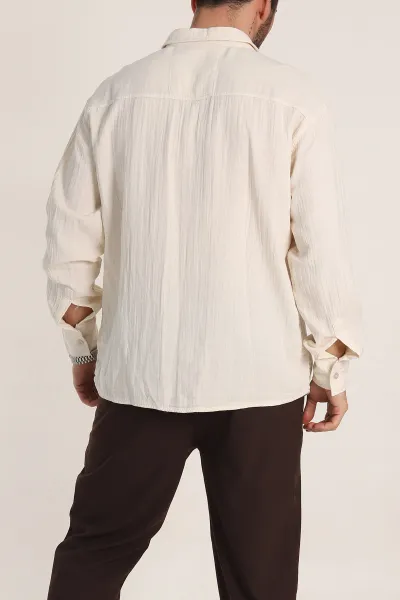 Krem Oversize Müslin Keten Uzun Kollu Erkek Gömlek 347735