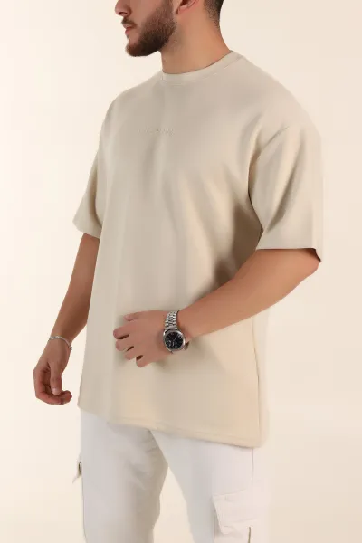 Krem Oversize Oysho Kumaş Kabartma Yazılı Erkek Tişört 365098