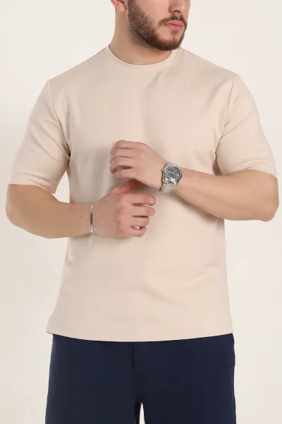 Krem Oversize Oysho Kumaş Yırtmaç Detaylı Basic Erkek Tişört 354220
