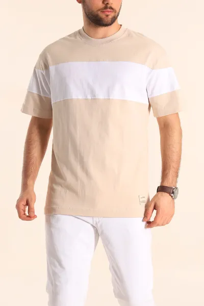Krem Oversize Suprem Parçalı Erkek Tişört 249448