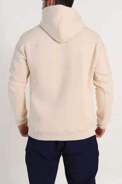 Krem Oversize Üç İp Şardonlu Kapüşonlu Sweatshirt 300918