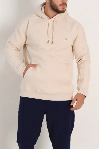 Krem Oversize Üç İp Şardonlu Kapüşonlu Sweatshirt 300918