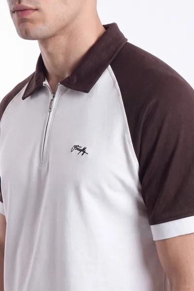 Krem Oysho Kumaş Yarım Fermuarlı Polo Yaka Erkek Tişört 471691