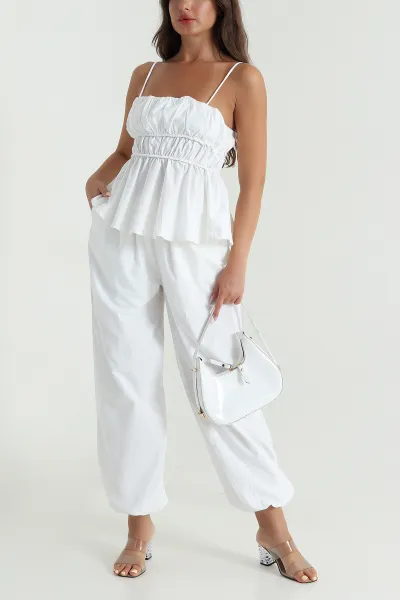 Krem Pantolon Bluz Balıksırtı Soft Poplin İkili Takım 471265