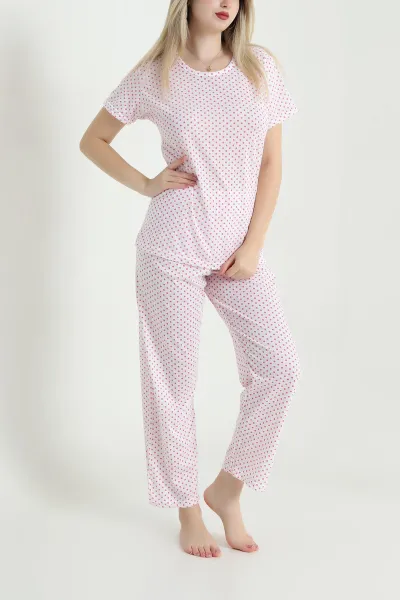 Krem Pembe Desenli Viskon Kadın Pijama Takımı 466616