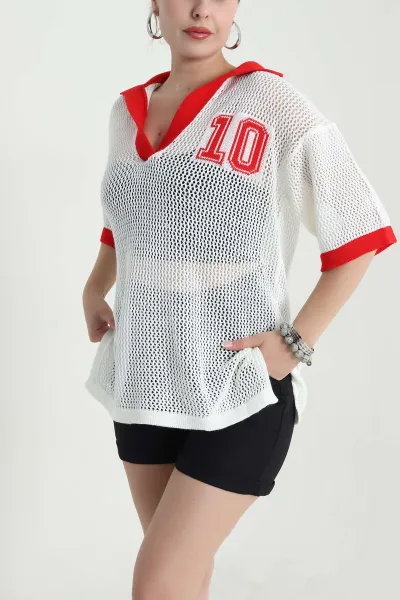 Krem Polo Yaka Ajurlu Triko 477711