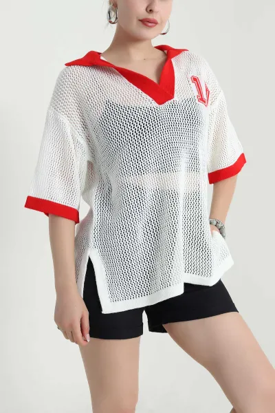 Krem Polo Yaka Ajurlu Triko 477711