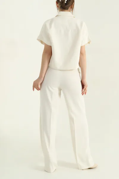 Krem Polo Yaka Bluz Pantolon İthal Kumaş Kadın İkili Takım 354385