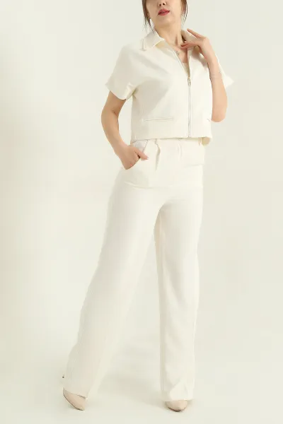 Krem Polo Yaka Bluz Pantolon İthal Kumaş Kadın İkili Takım 354385