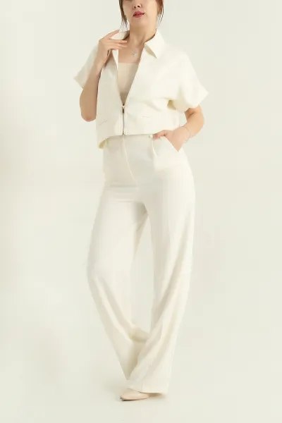 Krem Polo Yaka Bluz Pantolon İthal Kumaş Kadın İkili Takım 354385