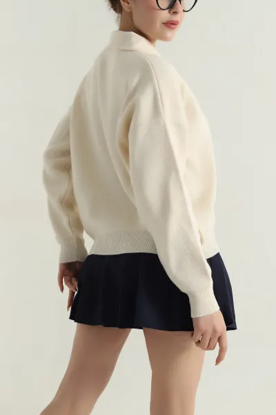Krem Polo Yaka Triko Kadın Kazak 403820