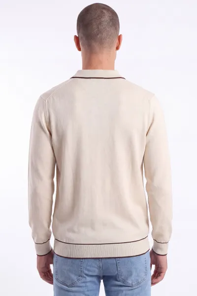 Krem Polo Yaka Yarım Fermuarlı Erkek Triko Kazak 482812