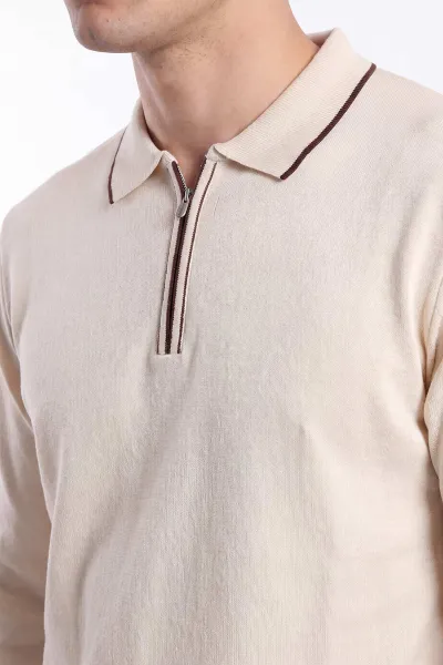 Krem Polo Yaka Yarım Fermuarlı Erkek Triko Kazak 482812