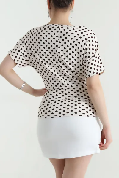Krem Puantiyeli Büzgülü Modal Kadın Bluz 455986
