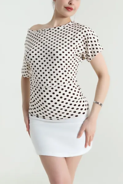 Krem Puantiyeli Büzgülü Modal Kadın Bluz 455986