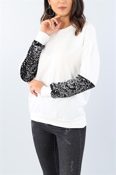 Krem Pul Payet İşlemeli Bayan Sweat 38942