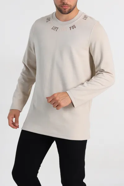 Krem Regular Fit Baskı Detaylı Erkek Sweatshirt 305841