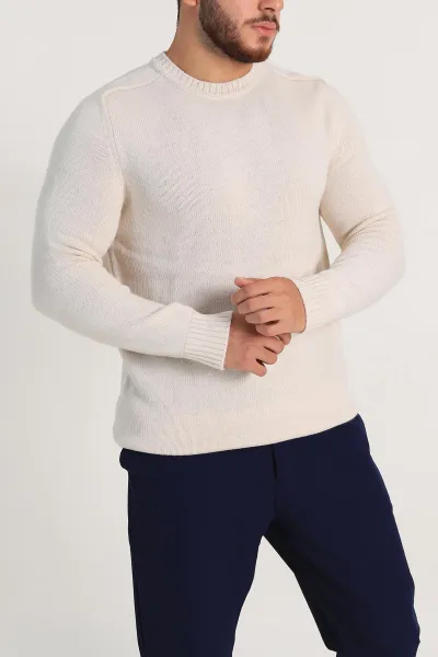 Krem Regular Fit Bisiklet Yaka Erkek Triko Kazak 300897