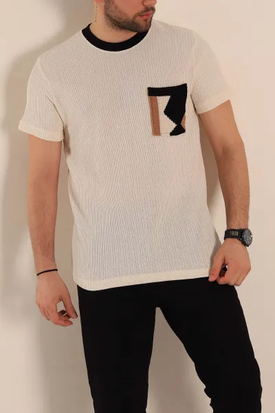 Krem Regular Fit Cep Detaylı Triko Örme Erkek Tişört 268381