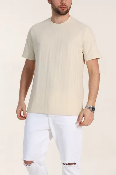 Krem Regular Fit Çizgi Dokulu Basic Erkek Tişört 348081