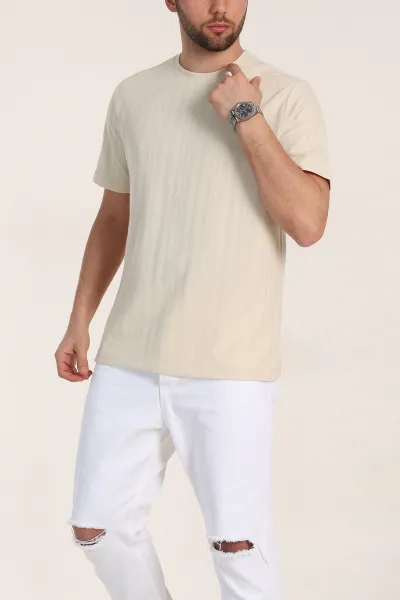 Krem Regular Fit Çizgi Dokulu Basic Erkek Tişört 348081