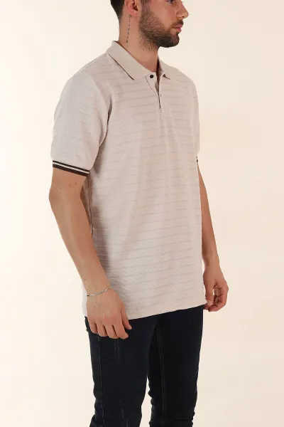 Krem Regular Fit Çizgi Dokulu Fermuarlı Polo Yaka Erkek Triko Tişört 370064