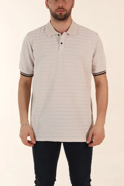 Krem Regular Fit Çizgi Dokulu Fermuarlı Polo Yaka Erkek Triko Tişört 370064