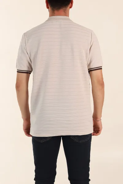 Krem Regular Fit Çizgi Dokulu Fermuarlı Polo Yaka Erkek Triko Tişört 370064