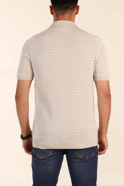 Krem Regular Fit Çizgili Apaş Yaka Triko Tişört 254688