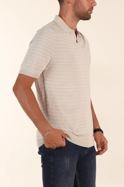 Krem Regular Fit Çizgili Apaş Yaka Triko Tişört 254688