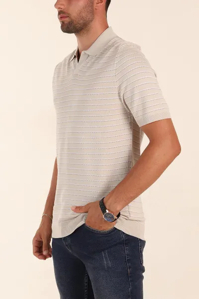 Krem Regular Fit Çizgili Apaş Yaka Triko Tişört 254688