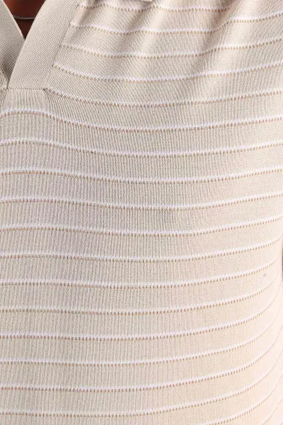 Krem Regular Fit Çizgili Apaş Yaka Triko Tişört 254688