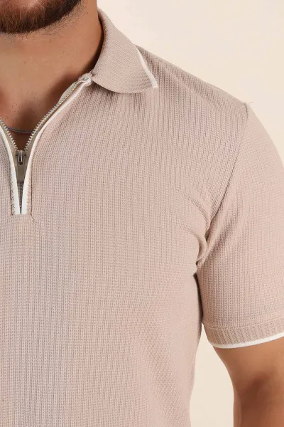 Krem Regular Fit Dokulu Polo Yaka Erkek Triko Tişört 369370