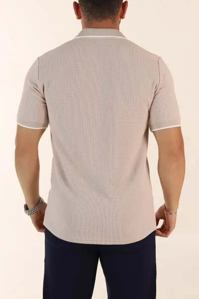 Krem Regular Fit Dokulu Polo Yaka Erkek Triko Tişört 369370