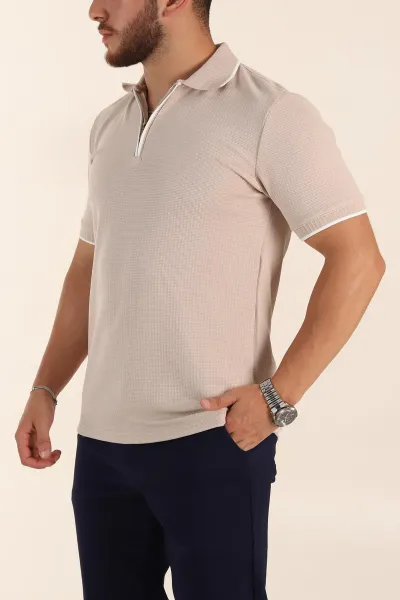 Krem Regular Fit Dokulu Polo Yaka Erkek Triko Tişört 369370