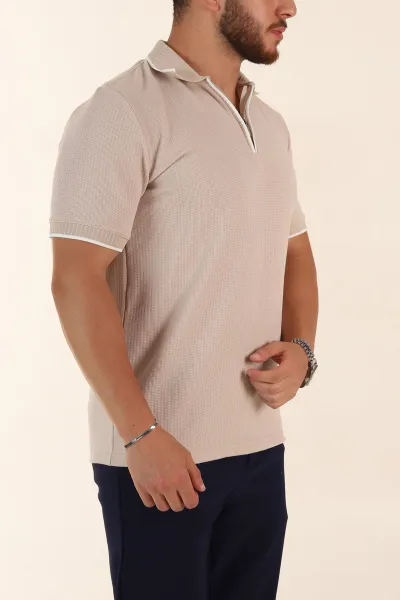 Krem Regular Fit Dokulu Polo Yaka Erkek Triko Tişört 369370