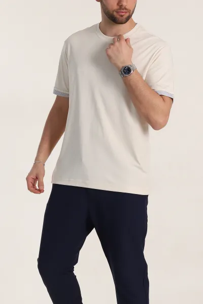 Krem Regular Fit Duble Kol Detaylı Basic Erkek Tişört 346183