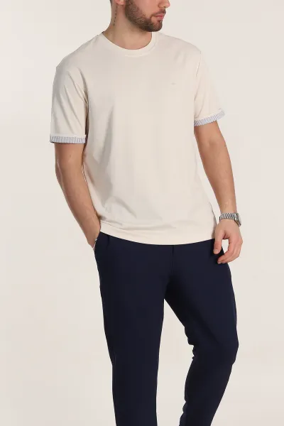 Krem Regular Fit Duble Kol Detaylı Basic Erkek Tişört 346183