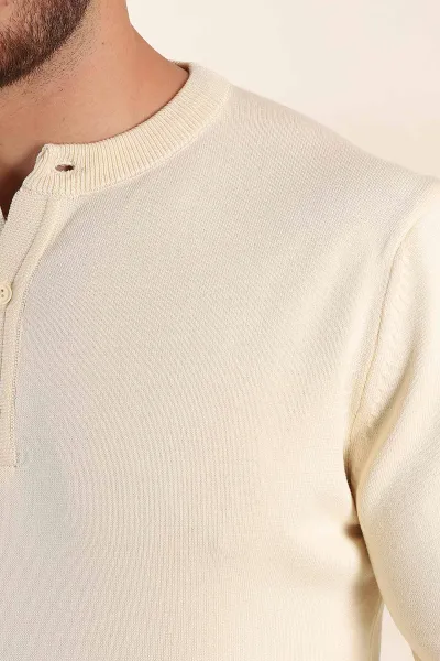 Krem Regular Fit Düğmeli Yaka Uzun Kollu Triko 393306