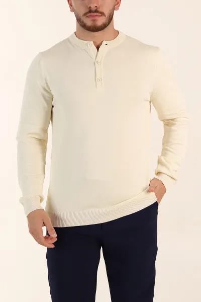 Krem Regular Fit Düğmeli Yaka Uzun Kollu Triko 393306